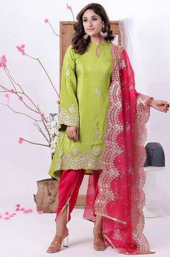 Ethnovog ready to wear green n pink crepe embroidered dhoti suit set