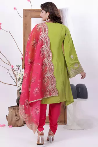 Ethnovog ready to wear green n pink crepe embroidered dhoti suit set