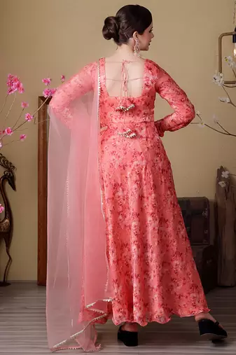 Ethnovog ready to wear peach jimmy choo printed anarkali suit