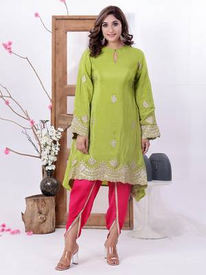 Ethnovog ready to wear green n pink crepe embroidered dhoti suit set 3