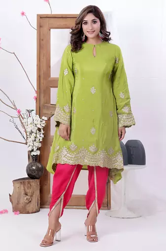 Ethnovog ready to wear green n pink crepe embroidered dhoti suit set
