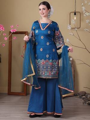 Ethnovog ready to wear blue art silk embroidered gharara set 1