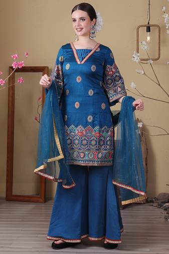 Ethnovog ready to wear blue art silk embroidered gharara set