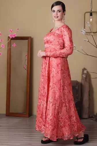 Ethnovog ready to wear peach jimmy choo printed anarkali suit