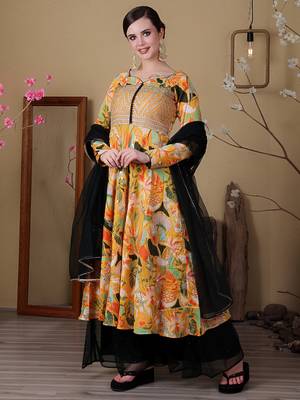Ethnovog ready to wear green n yellow art silk embroidered anarkali suit 1