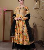 Ethnovog ready to wear green n yellow art silk embroidered anarkali suit