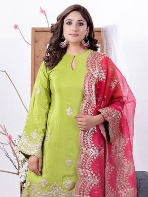 Ethnovog ready to wear green n pink crepe embroidered dhoti suit set 4