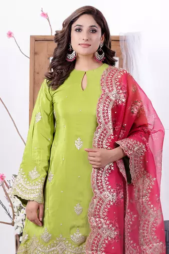 Ethnovog ready to wear green n pink crepe embroidered dhoti suit set