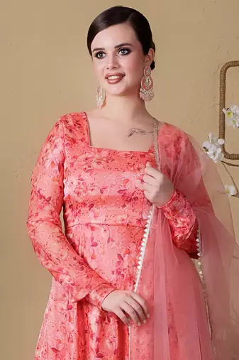 Ethnovog ready to wear peach jimmy choo printed anarkali suit