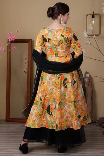 Ethnovog ready to wear green n yellow art silk embroidered anarkali suit