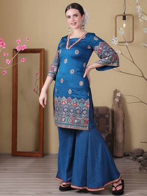Ethnovog ready to wear blue art silk embroidered gharara set 3