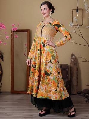 Ethnovog ready to wear green n yellow art silk embroidered anarkali suit 3