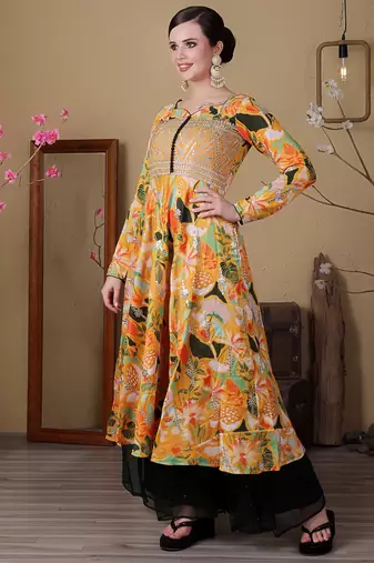 Ethnovog ready to wear green n yellow art silk embroidered anarkali suit