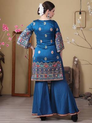 Ethnovog ready to wear blue art silk embroidered gharara set 4