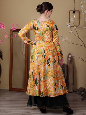 Ethnovog ready to wear green n yellow art silk embroidered anarkali suit 4