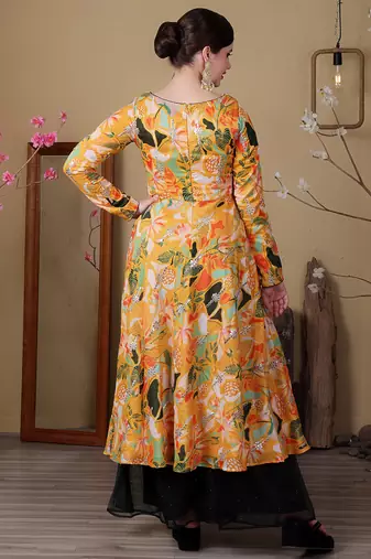 Ethnovog ready to wear green n yellow art silk embroidered anarkali suit