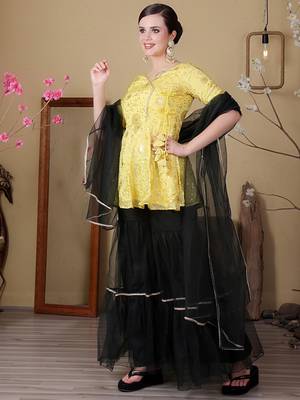 Ethnovog ready to wear yellow chinon embroidered n green net gharara set 1