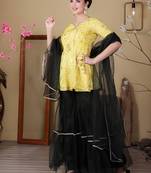 Ethnovog ready to wear yellow chinon embroidered n green net gharara set