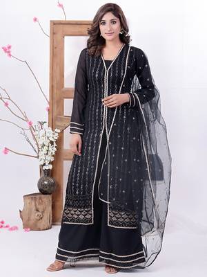 Ethnovog ready to wear black georgette embroidered straight suit n palazzo 1
