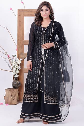Ethnovog ready to wear black georgette embroidered straight suit n palazzo