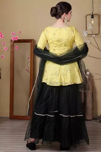 Ethnovog ready to wear yellow chinon embroidered n green net gharara set