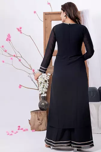 Ethnovog ready to wear black georgette embroidered straight suit n palazzo