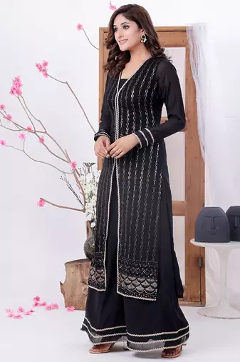 Ethnovog ready to wear black georgette embroidered straight suit n palazzo