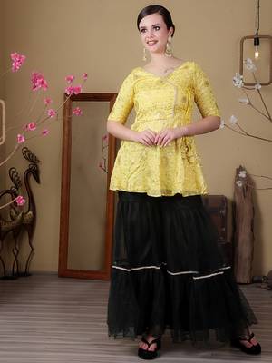 Ethnovog ready to wear yellow chinon embroidered n green net gharara set 3