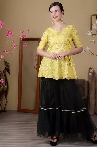 Ethnovog ready to wear yellow chinon embroidered n green net gharara set
