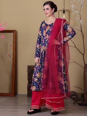 Ethnovog ready to wear blue viscose printed n pink chinon anarkali suit 1