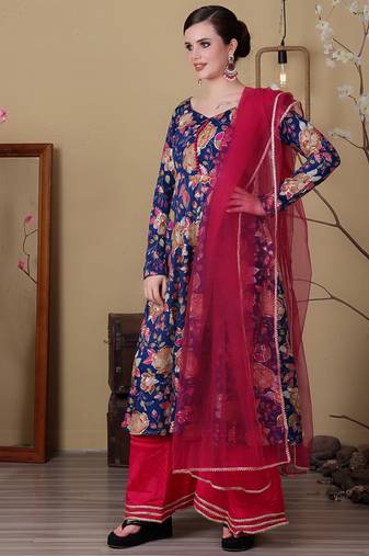 Ethnovog ready to wear blue viscose printed n pink chinon anarkali suit