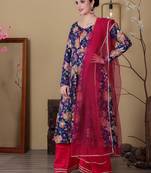 Ethnovog ready to wear blue viscose printed n pink chinon anarkali suit