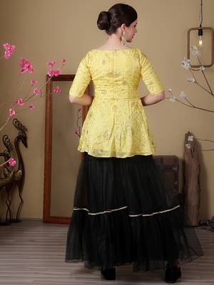 Ethnovog ready to wear yellow chinon embroidered n green net gharara set 4