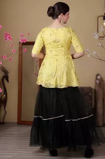 Ethnovog ready to wear yellow chinon embroidered n green net gharara set