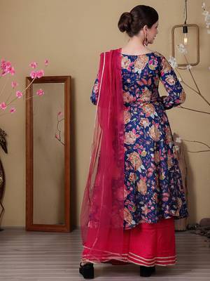 Ethnovog ready to wear blue viscose printed n pink chinon anarkali suit 2