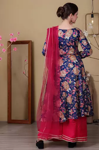 Ethnovog ready to wear blue viscose printed n pink chinon anarkali suit