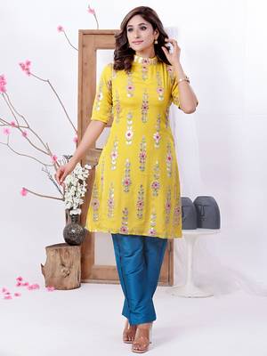 Ethnovog ready to wear yellow embroidered kurta straight pant set 1