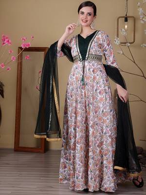 Ethnovog ready to wear white n green satin digital printed anarkali suit 1
