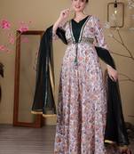 Ethnovog ready to wear white n green satin digital printed anarkali suit