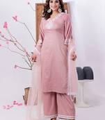 Ethnovog ready to wear pink art silk embroidered wide leg pant set