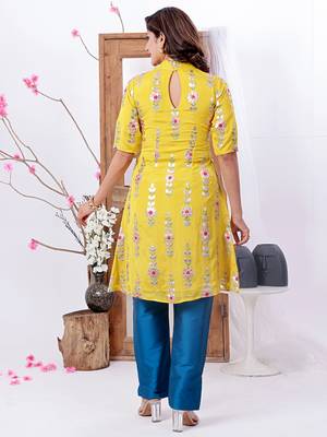 Ethnovog ready to wear yellow embroidered kurta straight pant set 2