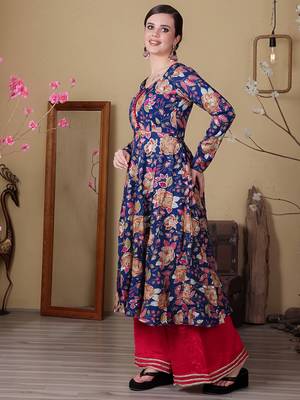 Ethnovog ready to wear blue viscose printed n pink chinon anarkali suit 3