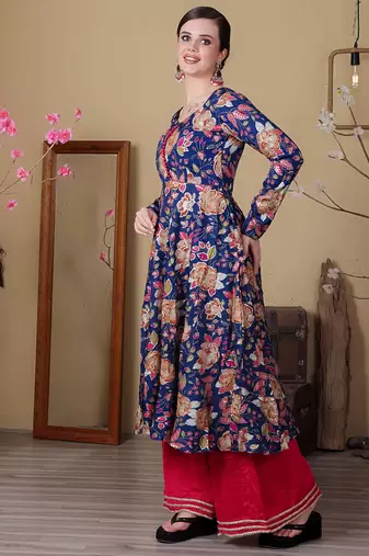 Ethnovog ready to wear blue viscose printed n pink chinon anarkali suit