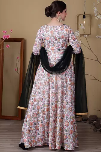 Ethnovog ready to wear white n green satin digital printed anarkali suit
