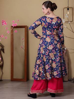 Ethnovog ready to wear blue viscose printed n pink chinon anarkali suit 4