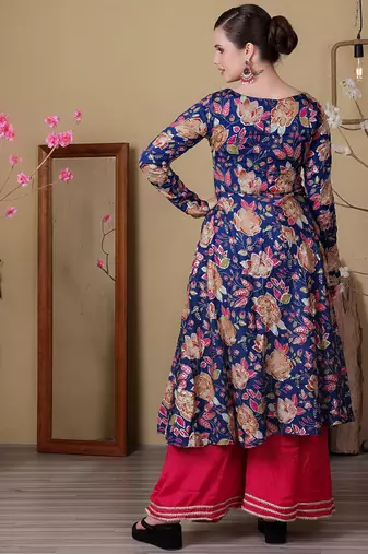 Ethnovog ready to wear blue viscose printed n pink chinon anarkali suit
