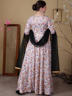 Ethnovog ready to wear white n green satin digital printed anarkali suit 3
