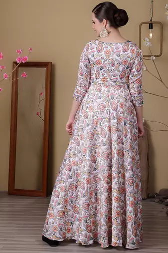 Ethnovog ready to wear white n green satin digital printed anarkali suit