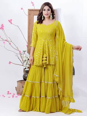 Ethnovog ready to wear mustard yellow peplum top sharara with dupatta 1