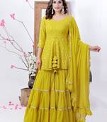 Ethnovog ready to wear mustard yellow peplum top sharara with dupatta